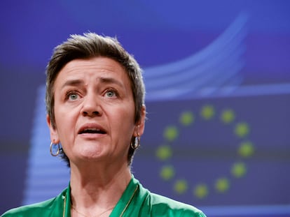 La comisaria de Competencia, Margrethe Vestager, durante una rueda de prensa en Bruselas, en marzo.