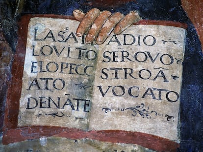 Detalle de un fresco de San Antonio del siglo XIII, en la basílica de San Lorenzo, en Marcas, Italia.