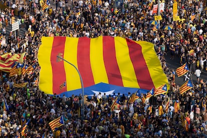 Manifestantes sostienen una 'estelada' durante la protesta.