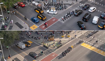 Antes y después de la actuación para hacer un entorno escolar seguro en el Colegio Lestonnac, en Barcelona.