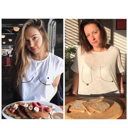 A la izquierda, la modelo estadounidense Alexis Ren frente a un plato de tortitas mientras viste una camiseta blanca con el dibujo de unos pechos. A la derecha, la comediante australiana frente a unas tostadas y vistiendo una camiseta con el dibujo de unos pechos caídos.