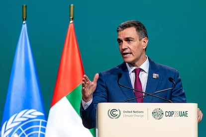 El presidente del Gobierno, Pedro Sánchez, este viernes en un acto durante la COP28, que se celebra en Dubái.
