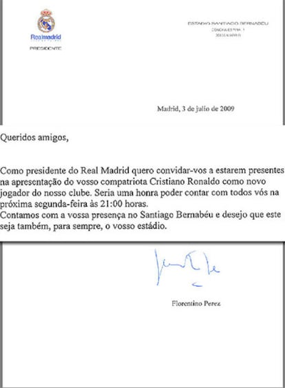 Invitación, escrita en portugués, de Florentino Pérez a la embajada portuguesa.