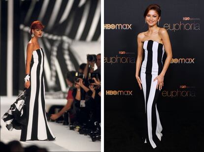 A la izquierda, la supermodelo Linda Evangelista, en la presentación de la colección primavera verano 1992 de Valentino. A la derecha, la actriz Zendaya lució en enero de 2022 un vestido de la colección primavera verano 1992 de Valentino.