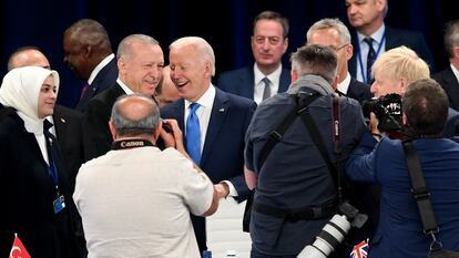 Turkish president Recep Tayyip Erdogan and US President Joe Biden at the NATO summit on Wednesday.