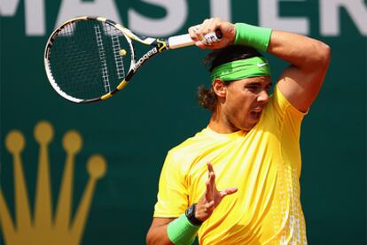 Nadal hammers a forehand during the Monte Carlo final.