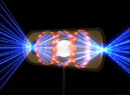 Esquema de cómo los rayos láser convergen sobre los extremos de la cápsula que contiene el blanco, comprimiéndolo y calentándolo para alcanzar la fusión nuclear.