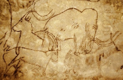 Pintura rupestre de un mamut en la Cueva de Rouffignac, en Francia. 