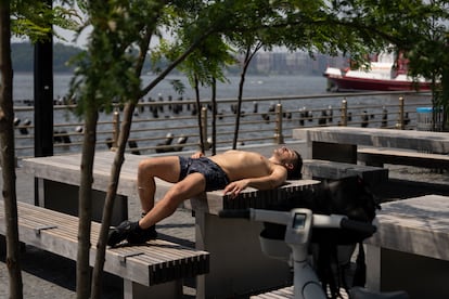 Un hombre descansa en una banca en Nueva York, durante un día cálido, en julio de 2024.