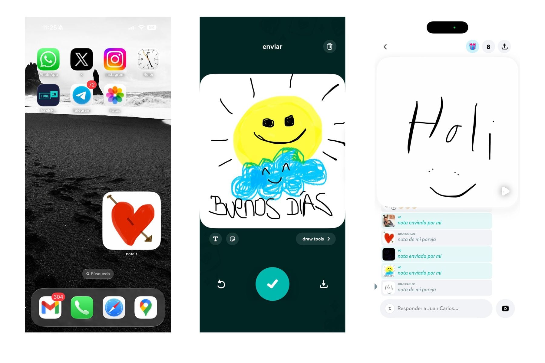 Notas enviadas a la pantalla de inicio de otro usuario.