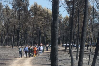 El president de la Generalitat valenciana, Ximo Puig, y el presidente del Gobierno, Pedro Sánchez, conversan durante su visita a las zonas afectadas del incendio en la zona de Bejís, este lunes.