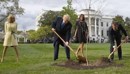 El presidente de EE UU, Donald Trump (izquierda), y el de Francia, Emmanuel Macron, plantan el árbol en el jardín de la Casa Blanca en abril de 2018.