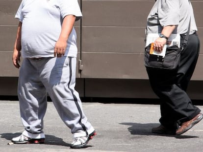 Duas pessoas obesas em rua da Cidade de México.