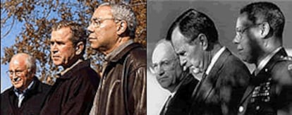 Diez años separan estas dos imágenes. En la de la derecha, de febrero de 1991, el entonces presidente de EE UU, George Bush padre, parece escoltado por Dick Cheney (izquierda), su secretario de Defensa, y por Colin Powell, en aquella época Jefe del Estado Mayor. En la de la izquierda, de enero de 2001, George W. Bush con los mismos acompañantes.
(REUTERS)