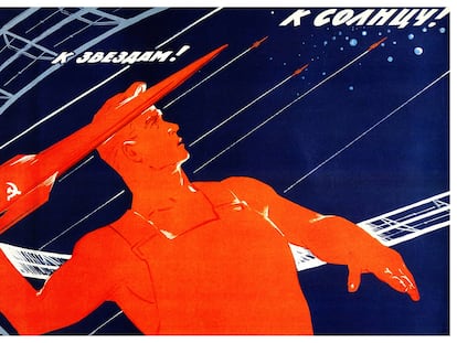 Cartel de propaganda de la carrera espacial soviética en 1965, con el mensaje: "¡Al sol! ¡A las estrellas!".