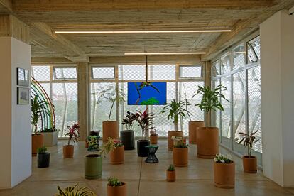 Vista de instalación del trabajo de Ian Hamilton Finlay, Kalle Hamm & Dzamil Kamanger, Cecilia León de la Barra y Pedro Neves Marques
en la exposición No podrán detener la primavera,
Ladra Oeste, Guadalajara, 2019.