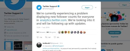 Mensaje del servicio de soporte de Twitter advirtiendo de los fallos.