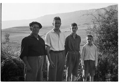 The Navarrese charcoal burner who inspired the film, Anastasio Ochoa, along with the actors who played him: Patxi Bisquert, Isidro José Solano and Garikoitz Mendigutxia.