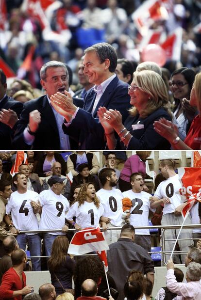 En la fotografía superior, Zapatero, en el centro, en el mitin de La Laguna. Abajo, un grupo de personas exhibe camisetas que muestran la última cifra de parados (4.910.200) según la EPA.