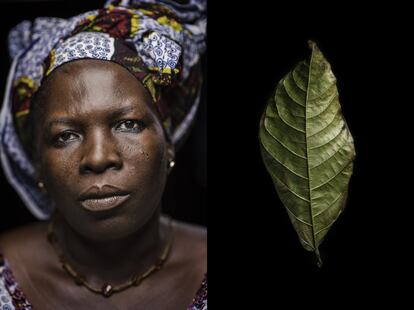 Awa Dramane, de 47 años, con una hoja de cacao.
