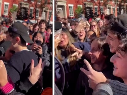 Timothée Chalamet junto a algunos de sus imitadores en un concurso de dobles organizado por un youtuber en Nueva York.