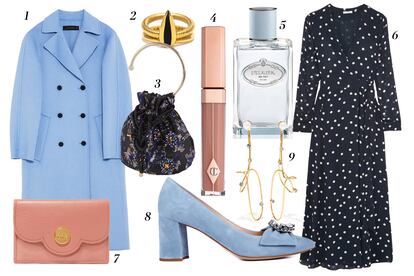 Si vas a salir a cenar...
1. Zara Abrigo de lana azul bebé 2. Carla Lopez Anillo bañado en oro 3. Uterqüe Bolso tipo limosnera con asa metálica 4. Charlotte Tilbury Labial rosa 5. Prada Perfume 'Infusion d'Amande' 6. Ganni Vestido largo con estampado de lunares 7. See by Chloé Tarjetero de piel 8. Unisa Zapatos con pedrería 9. Cornelia Webb Pendientes largos.
