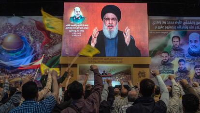 Hezbollah leader Sayyed Hassan Nasrallah speaks in a televised address via a video link on April 8, 2024.