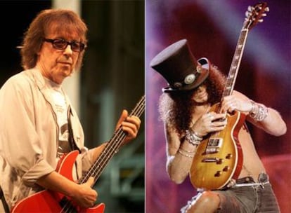 El ex <i>rolling stone</i> Bill Wyman (izquierda) y Slash, de Guns N' Roses.