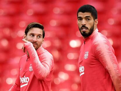 Messi e Suárez em treinamento antes da partida contra o Tottenham.