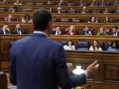Pedro Sánchez interviene durante la sesión de control al Gobierno, en el Congreso de los Diputados, este miércoles.