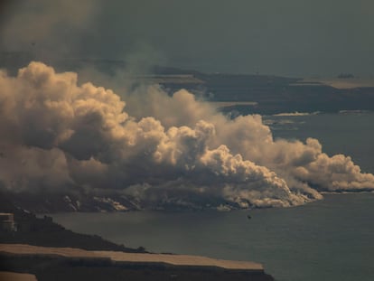 Toxic cloud formed when the lava hits the sea on the island of La Palma.