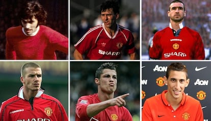En orden cronológico, de arriba abajo y de izquierda a derecha: Best, Robson, Cantona, Beckham, Cristiano Ronaldo y Di María.
