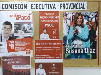 Posters supporting all three candidates to head the PSOE.