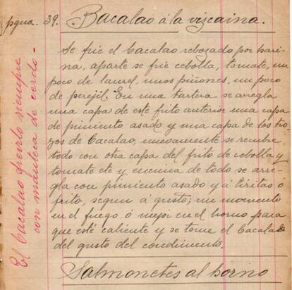 Bacalao á la vizcaína (con anotación al margen) de Recetas de cocina, de tocador y otras tan útiles como curiosas, de Josefa Hernández (abuela) y Mariluz García Hernández (madre) - 1935