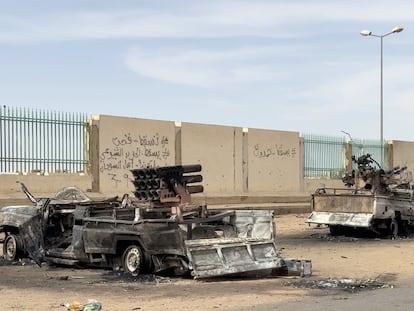 The remnants of Rapid Support Forces paramilitary militia vehicles after a clash with Sudan's regular army in Khartoum on April 18.