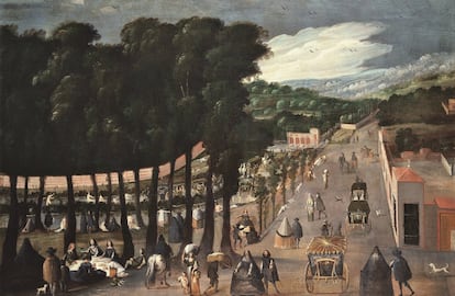 Vista del Manzanares en la fiesta de San Juan, donde se aprecian los bañistas en el Manzanares. Pintura anónima del siglo XVII de la Escuela Madrileña.