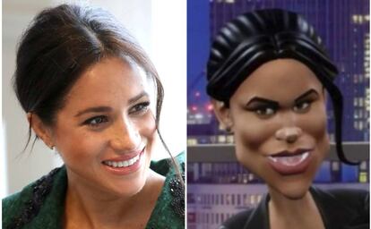 Meghan Markle, el pasado marzo en Londres, y a la derecha, la imagen parodiada de la duquesa en el programa de la BBC. 