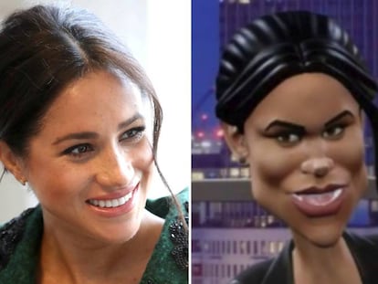 Meghan Markle, em março passado, em Londres; à direita, a imagem paródica da duquesa no programa da BBC.