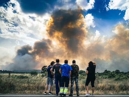 Agentes forestales y bomberos luchan contra el fuego que calcina la sierra y que se acerca a zonas habitadas como Junquera de Tera (Zamora).