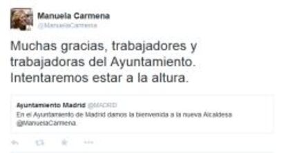 Tuit de la nueva alcaldesa de Madrid, Manuela Carmena.