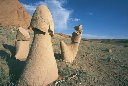 Huesos de dinosaurio fosilizados en el valle de Bayanzag Valley, en el desierto de Gobi (Mongolia), uno de los yacimientos ms ricos del mundo, con muchos restos antiguos (de hasta 100 millones de a?os) a solo unos centmetros de la superficie.