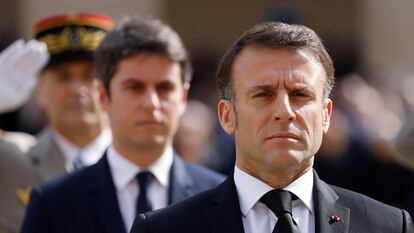 Macron, durante una ceremonia de homenaje a Philippe de Gaulle, hijo de Charles de Gaulle, este miércoles en París.