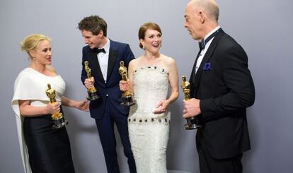 Patricia Arquette, Eddie Redmayne, Julianne Moore, J.K. Simmons, en la pasada entrega de lo Oscar. 