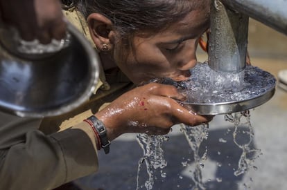Una niña bebe agua antes del almuerzo en Bariyar Tola Trimohani, en el estado indio de Uttar Pradesh.