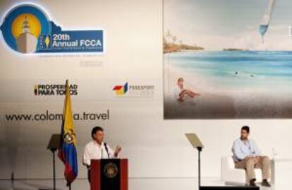 El presidente de Colombia, Juan Manuel Santos, durante su intervencin en la instalacin de la vigsima conferencia anual de la Florida Caribbean Cruise Association (FCCA), que sesiona desde este 1 de octubre de 2013 hasta el viernes 4 de octubre en Cartagena (Colombia).