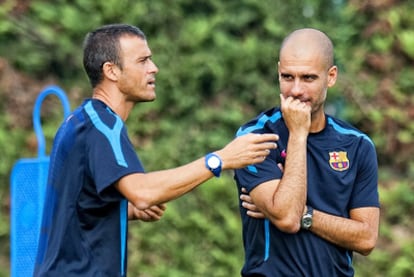 Luis Enrique y Pep Guardiola, en un entrenamiento conjunto del Barça y su filial.