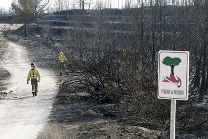 Dos brigadistas trabajan en el parque natural de la Granadella tras el incendio forestal de Xàbia y Benitatxell (Alicante).