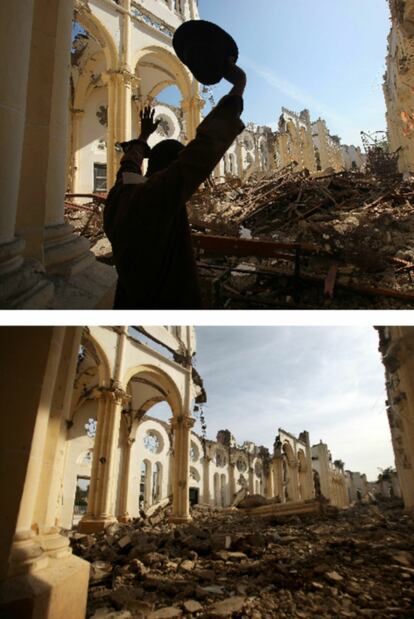 La fotografía de arriba fue tomada el 14 de febrero de 2010, la última jornada de los tres días de luto oficial que celebró Haití. En ella, un superviviente del terremoto reza frente a las ruinas en las que quedó la catedral de la capital de un país en el que ocho de cada diez habitantes son cristianos. Un año después, el orador ha desaparecido de la imagen, aunque los escombros del lugar santo se mantienen casi intactos, mientras que los problemas del país crecen. Hoy Haití se enfrenta a una epidemia de cólera que, según el ministerio de Salud del país, ya ha causado 3.651 muertos.