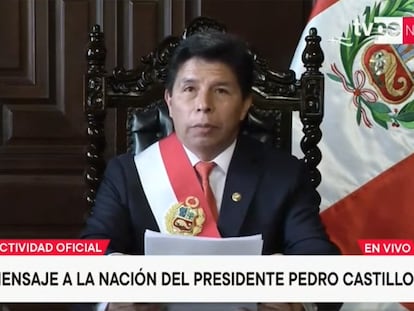 Pedro Castillo, presidente destituido por el Congreso de Perú, durante su alocución a la nación este miércoles 7 de diciembre.