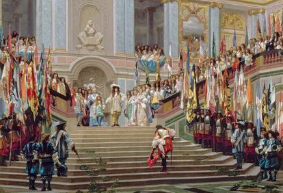 En la gran escalera de los Embajadores, en Versalles, Luis XIV recibiendo al Gran Conde, reciente vencedor de la batalla de Seneffe contra Guillermo de Orange, en 1674